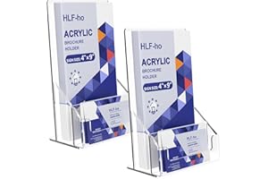HLF-ho Brochure Holder 4x9 Inch Acrylic Literature Holders Clear Plastic Flyer Display Stand with Removable Business Card Organizer for Pamphlets, Booklets, Magazines, Menus for Office, 2 Pack