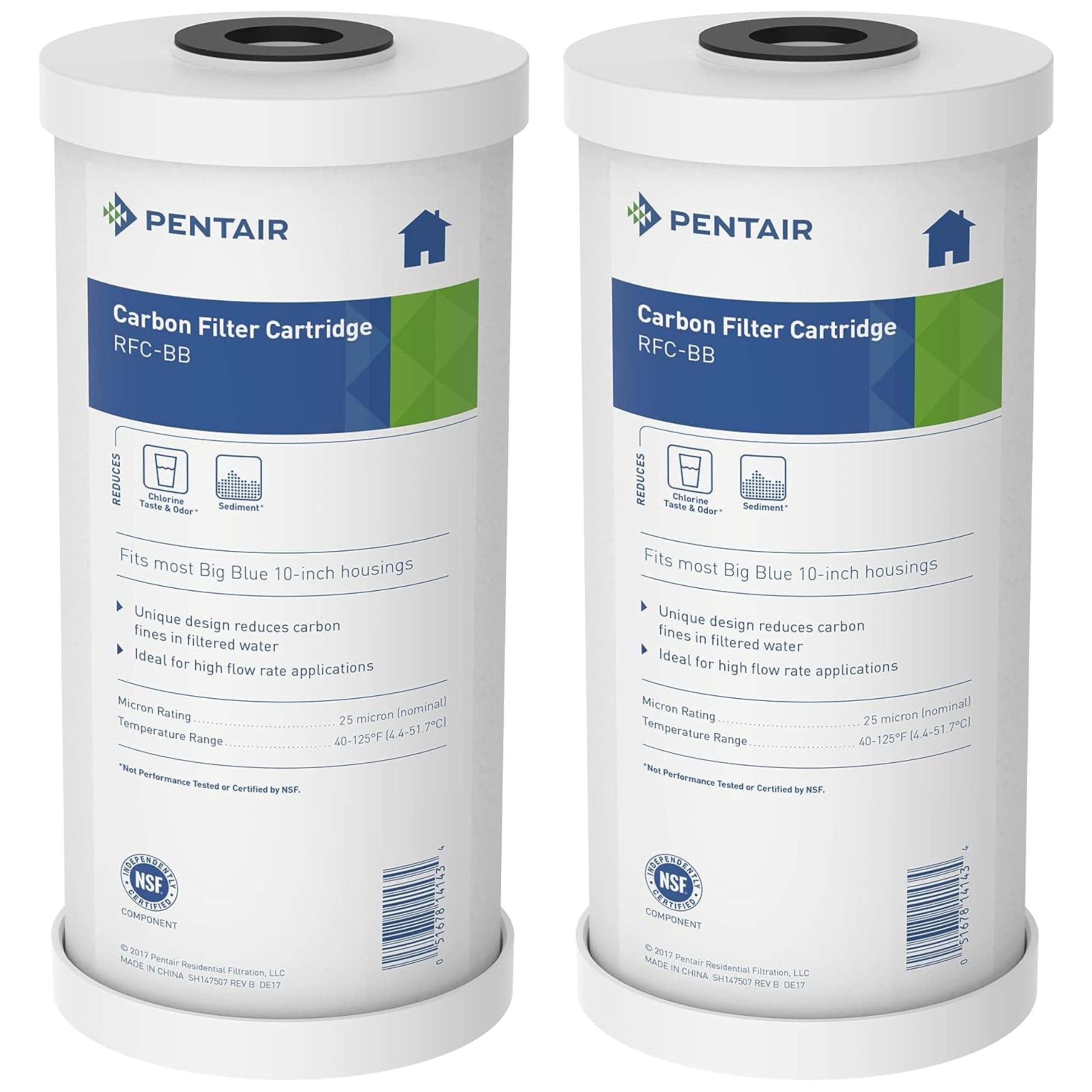 Pentair Pentek RFC-BB Big Blue Carbon Water Filter, 10-Inch, Whole House Heavy Duty Radial Flow Carbon Replacement Cartridge with Granular Activated (GAC), 10" x 4.5", 25 Micron, Pack of 2 Image