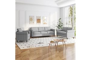 ZAFLY 3 Piece Living Room Sofa Set, 3 Seat Sofa + Loveseat + Armchair, Couches Sets with Solid Wood Frame and 4 Gourd Shapes Legs for Home/Bedroom/Apartment - Light Grey