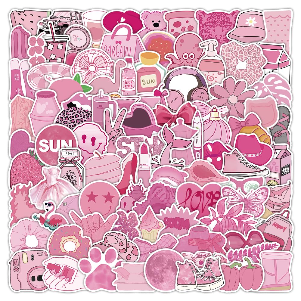 Photo 1 of 100 PCS Preppy Stickers Pink Stickers Pack, Vinyl Waterproof Laptop,Bumper,Water Bottles,Computer,Phone,Hard hat,Car Decals