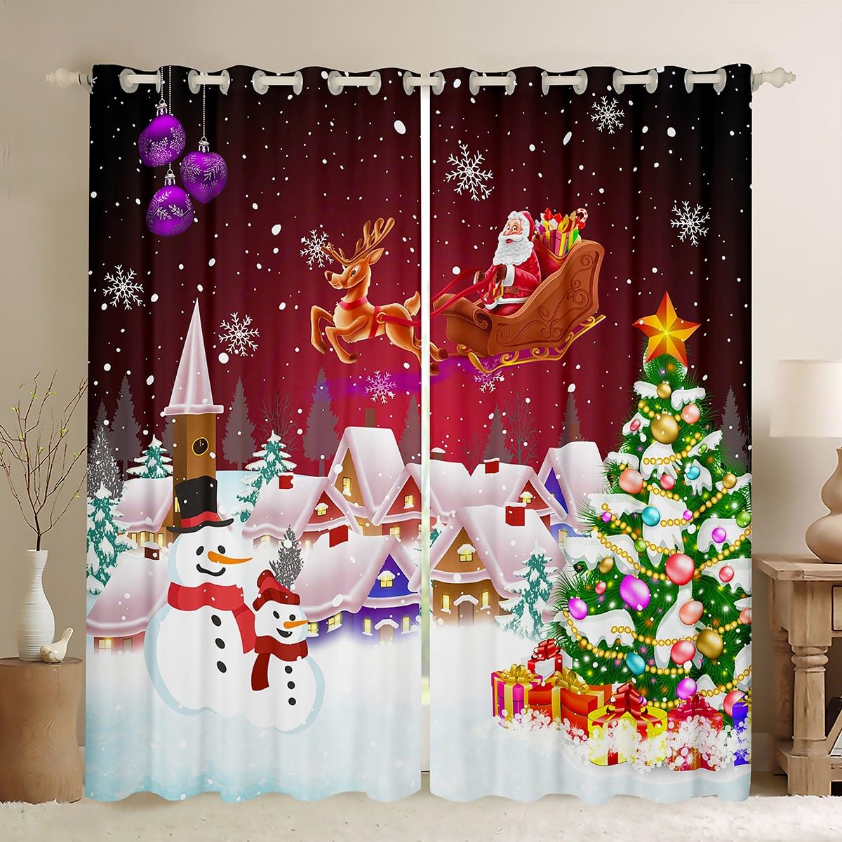 Manfei Christmas Blackout Curtain Snowman Xmas Tree Window Drapes for Kids Girls Room Decor, Santa Claus with Reindeer Window Treatments Grommet Top 2 Panel Set Bedroom Curtains, 46Wx54L inch