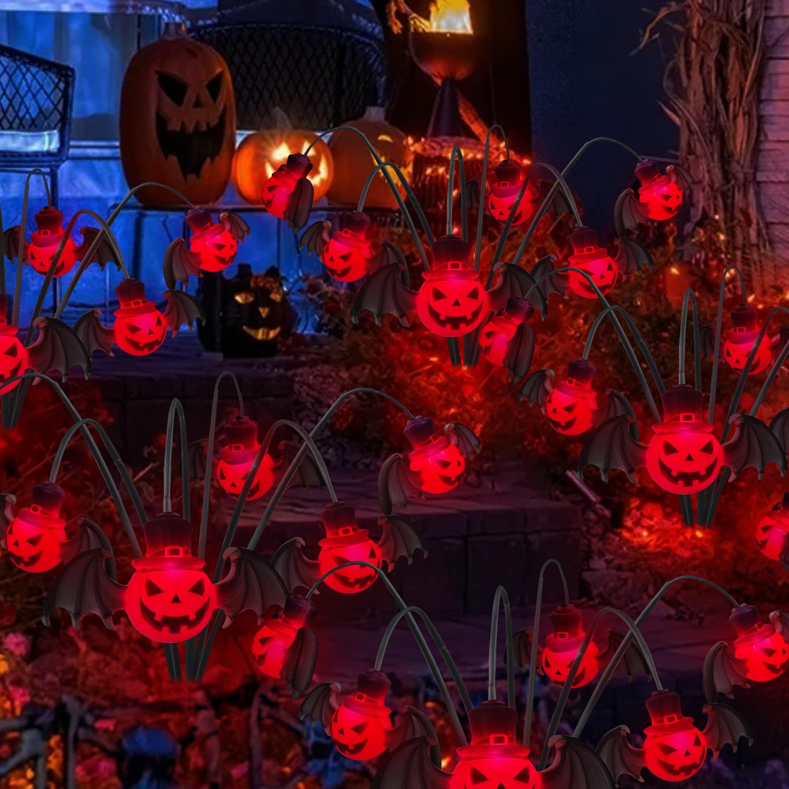 Photo 1 of 2PACKS 12LED Halloween Decorations Solar Garden Lights Outdoor,3D Scary RED Bat&Pumpkin Swaying Firefly Lights for Spooky Halloween Party Gifts Decor,Solar Halloween Path Lights for Yard/Grave Decor