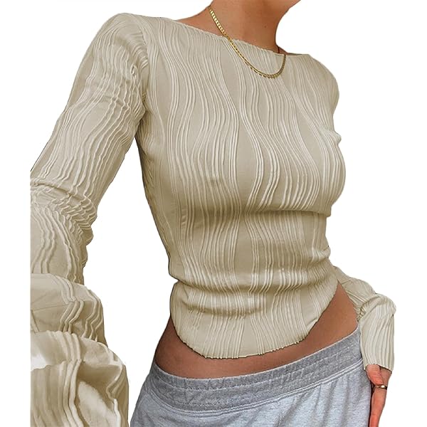 Women Long Sleeve Textured Ruched Crop Tops Casual Crewneck