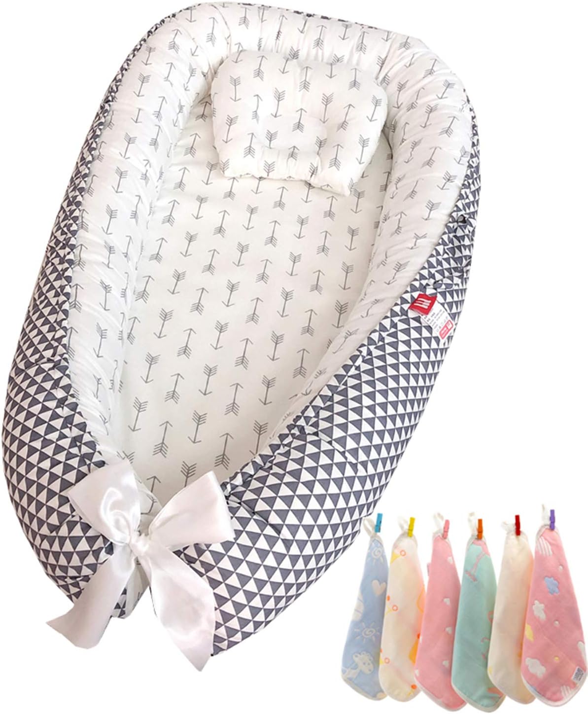 Hayisugal Baby Bassinet for Bed, Newborn Baby Lounger, Infant Sleeping Nest/Pod Breathable 100% Cotton Multifunctional Baby Nest, Portable Crib for Bedroom/Travel, Gray Triangle