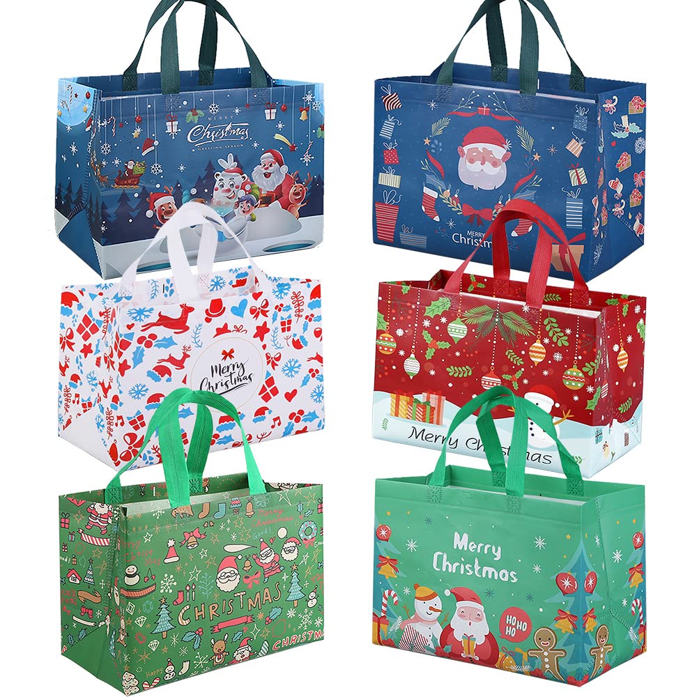 DOJoykey Christmas Tote Bags, 6 Pack Gift Bags with Handle Reusable Festive Grocery Shopping Bags for Christmas Party