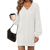 Saodimallsu Womens Oversized Mini Sweater Dress Casual V Neck Cable Knit Long Lantern Sleeve Fall Tunic Pullover Sweaters