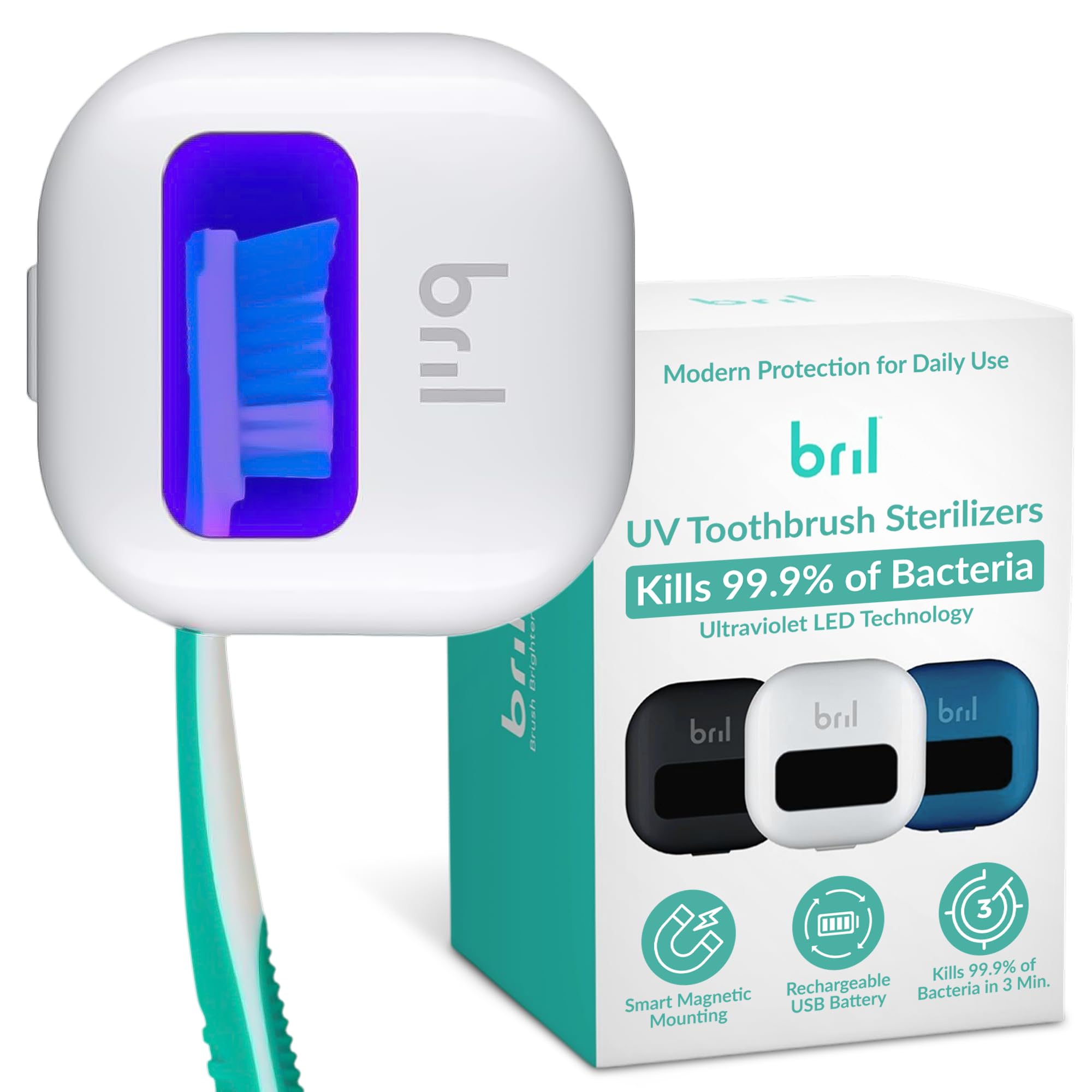 Bril UV-C Toothbrush Sanitizer Portable Sterilizer Cover Holder and Case for Any Size Toothbrush - White