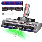 LED Green Light Vacuum Head Replacement for Dy-son V7 V8 V10 V11 V15 Cordless Vacuum Cleaner, Quick Release Head Attachments with 2 Pack Anti-Tangle &amp; Soft Motorhead Roller Brushes