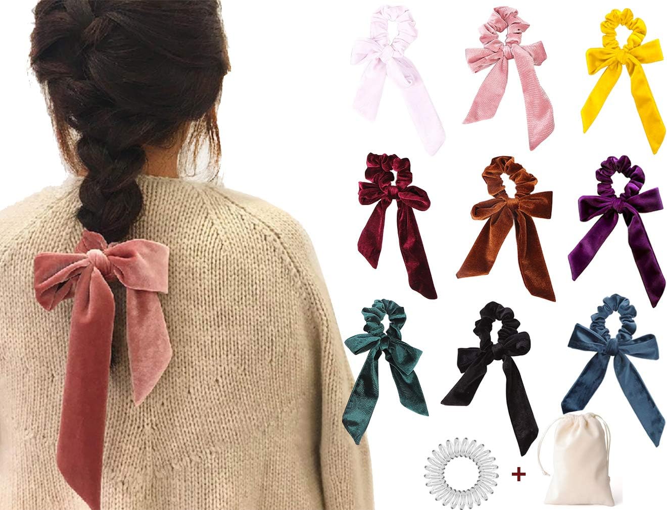 9 PCS Hair Scrunchies Bow Velvet Elastics Hair Ties Scrunchy Hair Bands Vintage Aceessories Ponytail Holder for Women Girls