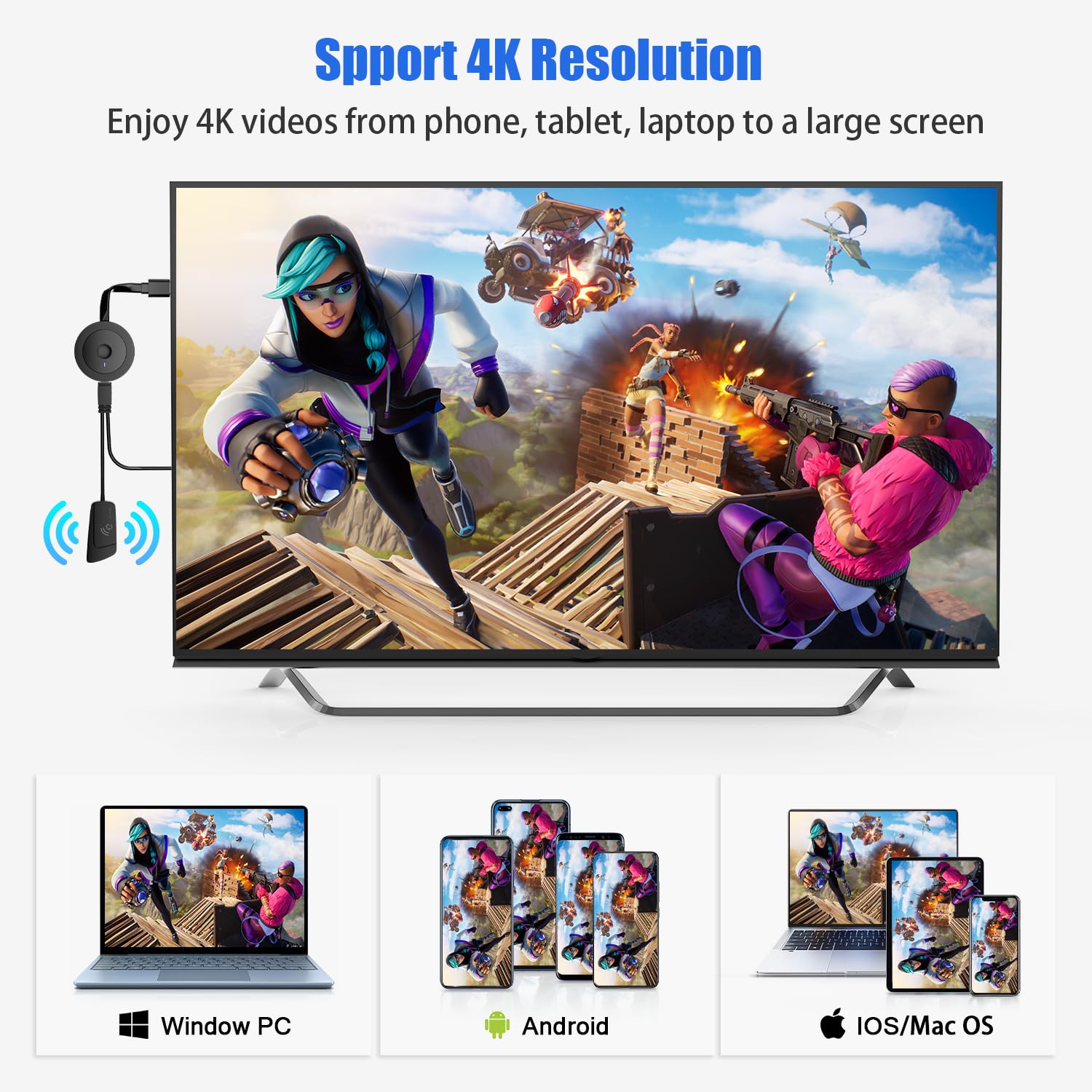 Wireless HDMI Display Adapter 4K, Screen Mirroring Display Dongle, Streaming Video & Audio from i-Phone i-Pad Tablet Laptop PC iOS Android Windows to TV Projector Monitor Support Airplay Miracast DLNA