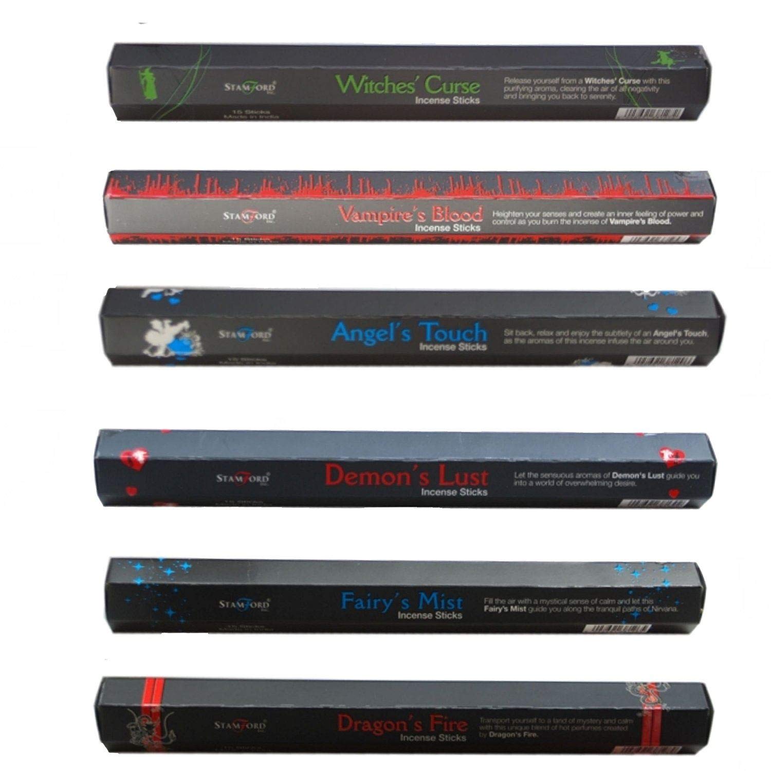 6 x Boxes of Stamford Black Incense Sticks - 1 of each - Fairys Mist, Witches Curse, Demons Lust, Angels Touch, Dragons Fire, Vampires Kiss