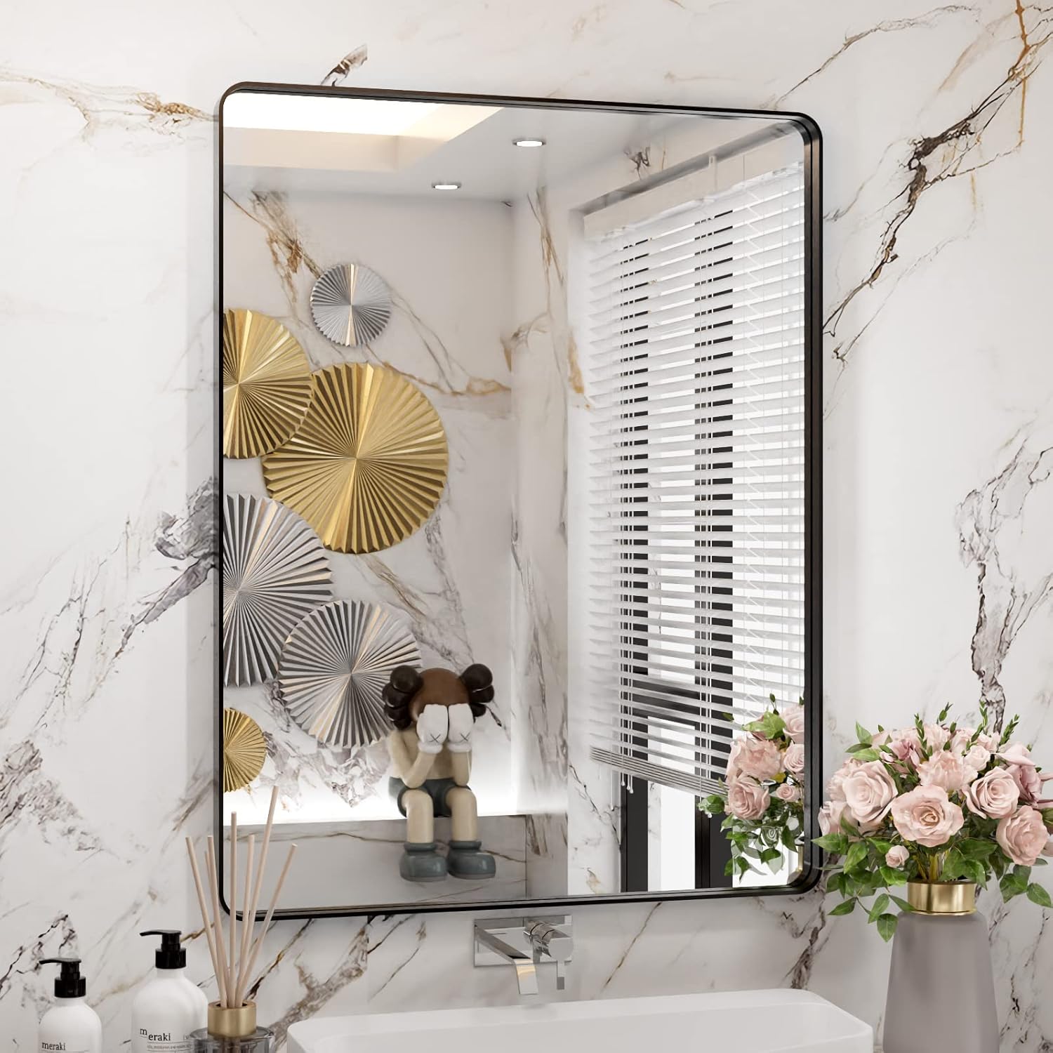 Mirrors - WEER Black Bathroom Mirror for Wall 28X36 Inch, Rectangular Black Metal Framed Vanity Mirror, Farmhouse Bathroom Mirror with Tempered Glass, Rounded Corner, Anti-Rust (Horizontal/Vertical)