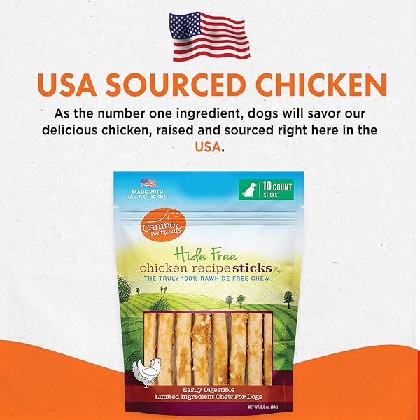 CANINE NATURALS CHICKEN RECIPE CHEW – RAWHIDE FREE DOG TREATS – MADE FROM USA RAISED CHICKEN – ALL-NATURAL AND EASILY DIGESTIBLE – 10 COUNT OF 5 INCH STICK