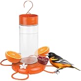 Nature's Way Hanging Glass Oriole Feeder for Outdoor D&eacute;cor, 30 Ounce Capacity Nectar Feeder, Jelly Dishes, Orange Fruit Holders, 4 Eash to Clean Flexible Ports, Ant Moat, Bee Guards, Orange