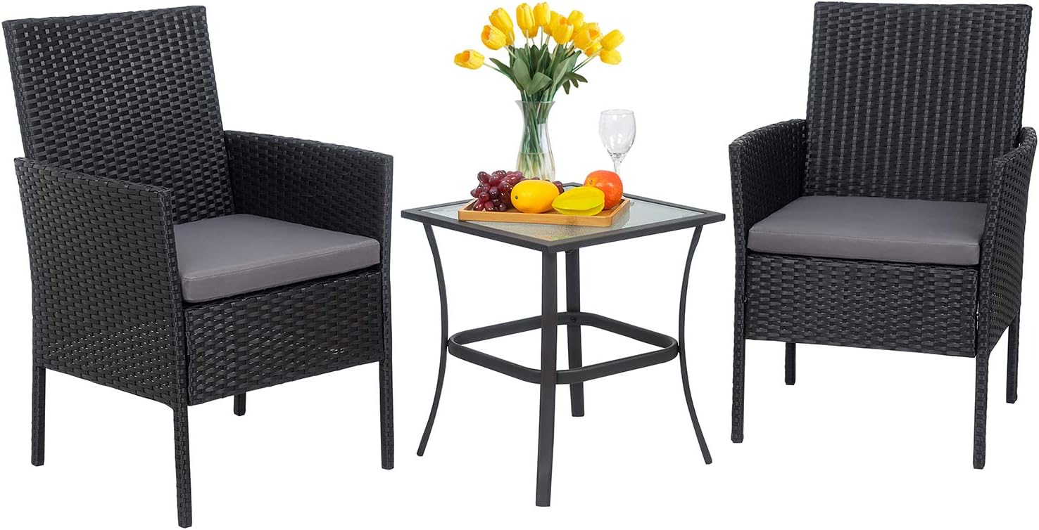 Shintenchi 3 Pieces Outdoor Patio Furniture Set, Portable Rattan Chair Wicker Furniture for Backyard Porch Lawn Garden Balcony with Cushions,Conversation Sets with Coffee Table: Garden & Outdoor