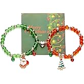 Christmas Tree Santa Claus Jingle Bell Charm Red Green Crystal Beaded Stretch Bracelet Set for Women Love Heart Matching Pendant Elastic Bracelets Xmas Holiday Costume Jewelry Gifts for Couple BFF With Card