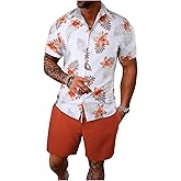 GORGLITTER Men's Hawaiian Matching Set Summer Beach 2 Piece Outfits Flower Button Down Shirts and Shorts Set