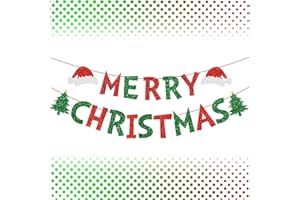 LOVOIR Glitter Red and Green Merry Christmas Banner, 18 Pcs Merry Christmas Letter Shiny Banner Christmas Tree Hat Banner Sign for Christmas Xmas Party Christmas Ceremonies Holiday Party Decorations