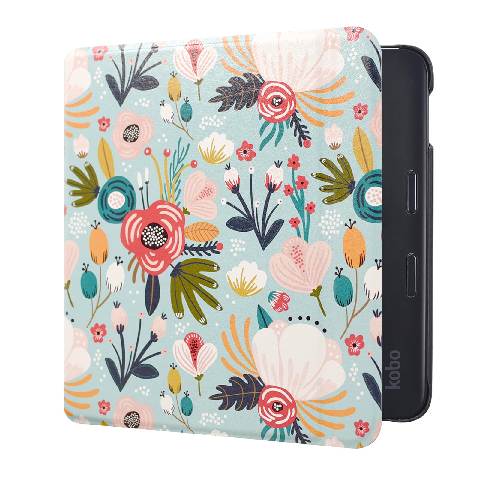 DMLuna Case for Kobo Libra Colour (Model:N428, 2024 Release), Slim and Lightweight Folio Premium PU Leather Protective Cover with Auto Sleep Wake Feature, Hill Flower