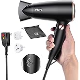 VGR Dual Voltage(100~250V) Travel Hair Dryer with European Plug Adapter for International Travel, Portable Hair Dryer with Concentrator Nozzles