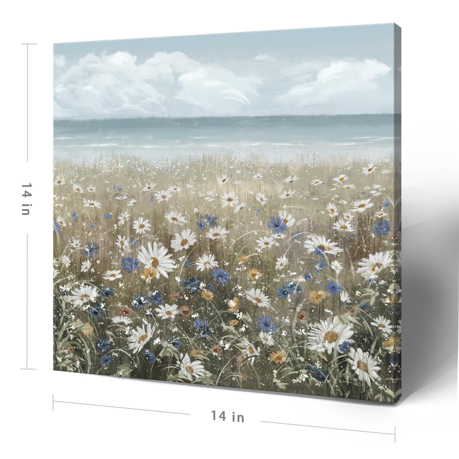 Canvas Wall Art Beach Floral Wall Picture Coastal Boho Farmhouse Daisy Flowers Nautical Sea Ocean Wildflowers Canvas Print Vintage Artwork for Small Rustic Bathroom Bedroom Living Room Office Décor