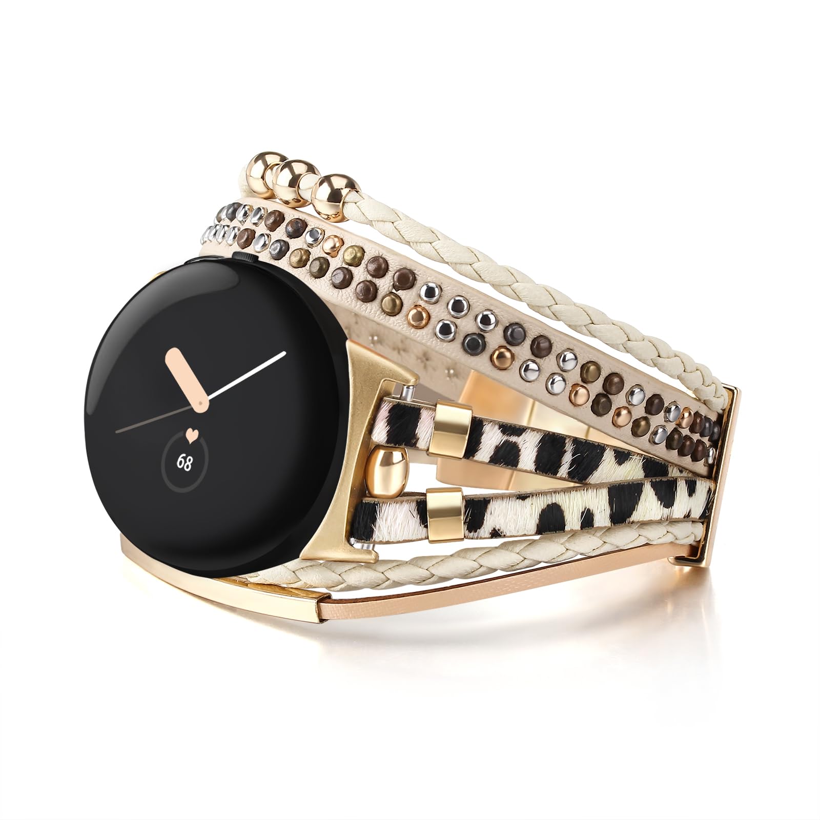 CHARMINGO Posh Leather Band Compatible with Google Pixel Watch Band, Boho Bracelets Jewelry Multilayer Wrap Strap for Google Pixel Watch 2022, Apricot — image 1