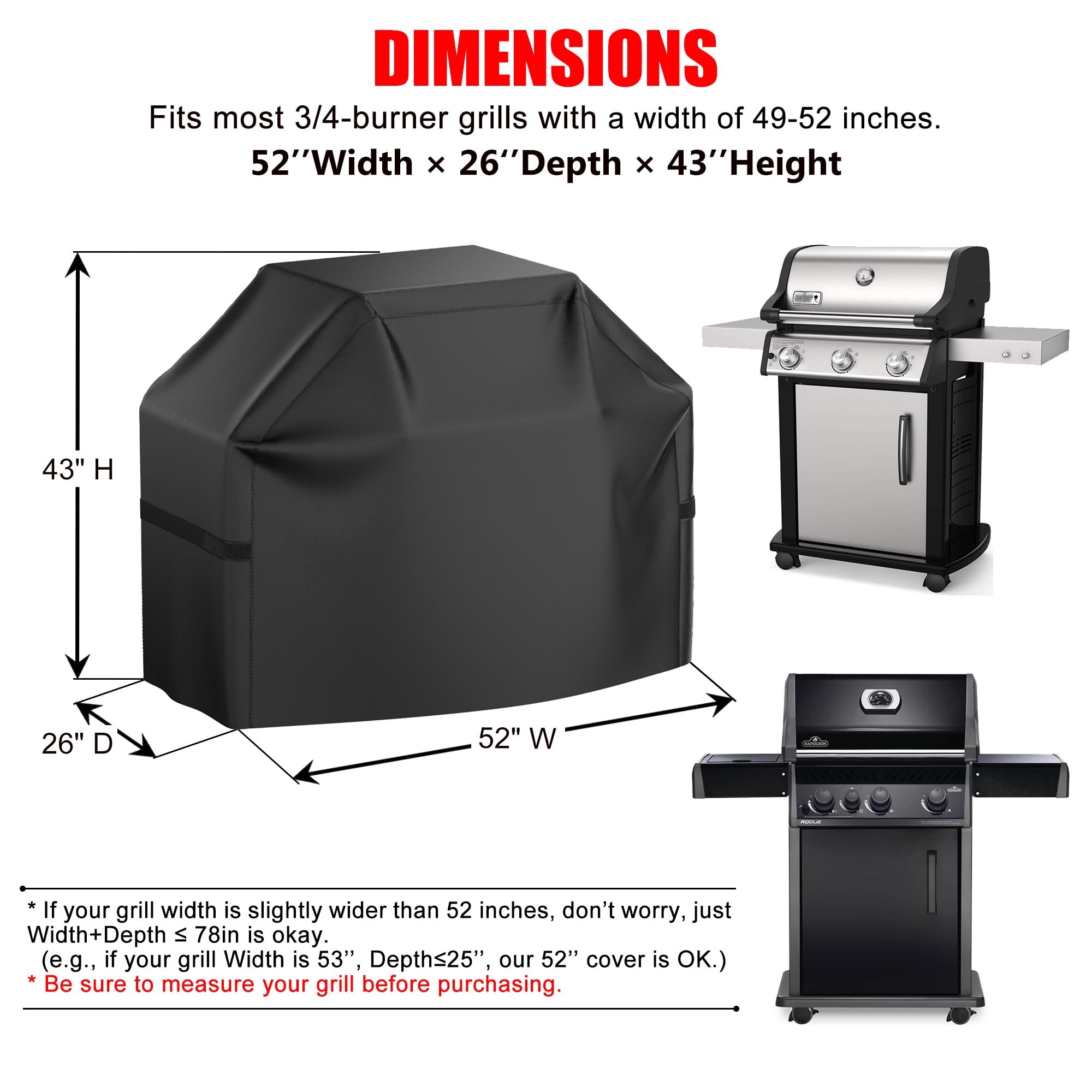 Grill Cover, 52 inch BBQ Gas Grill Cover Waterproof Weather Resistant, Fade Resistant, UV Resistant Material for Most Grills, Black
