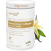 Bonavit Collagen Peptides - Type I & III - Premium Hydrolyzed Collagen Powder - with Digestive Enzymes & Probiotics - High Dosis of Collagen & Protein - 14 Servings - BonaGlow Vanilla