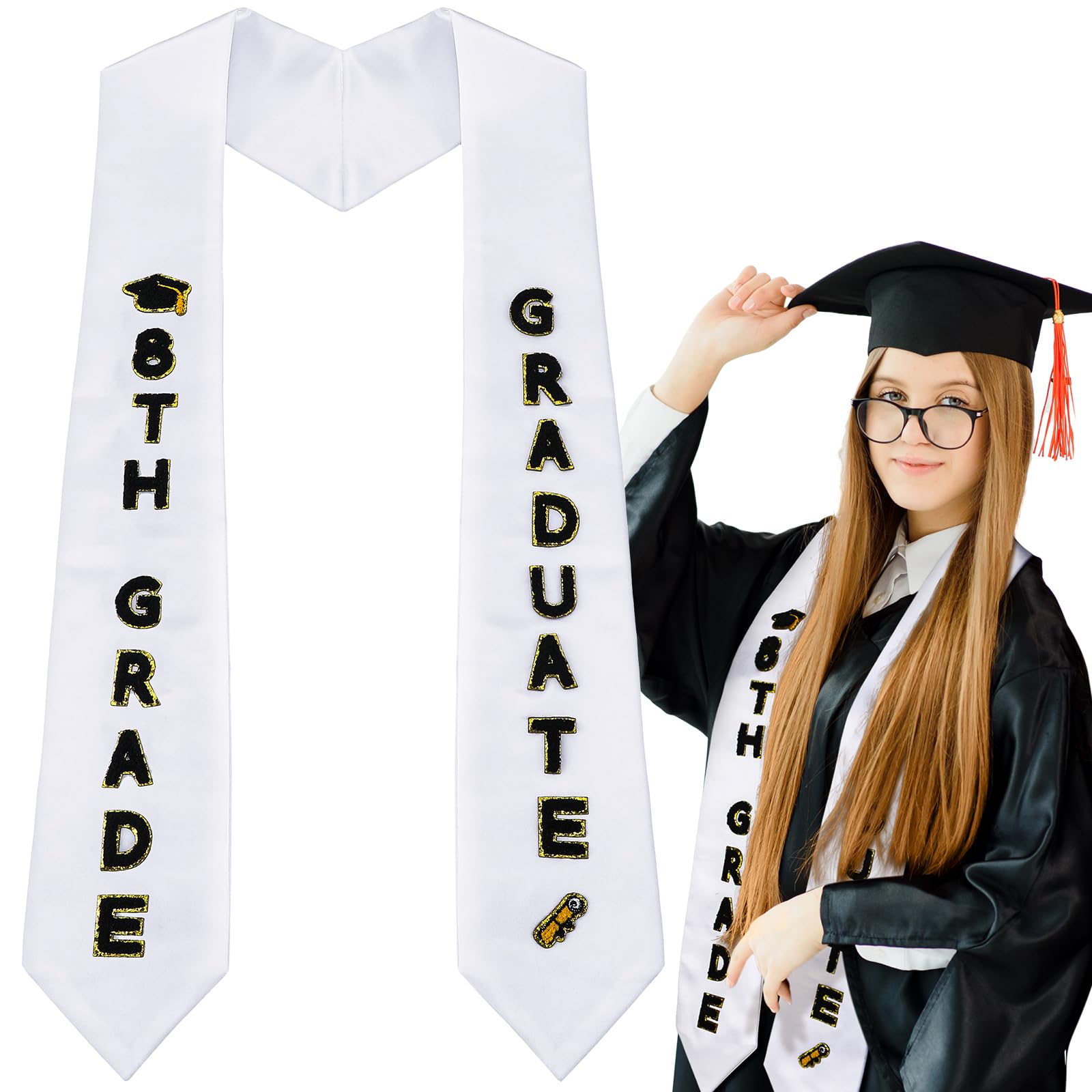 Photo 1 of Fanfanwin 8th Grade Graduation Stole Chenille Letter Class of 2025 8th Grade Graduation Sash Gift Party Decorations Supplies