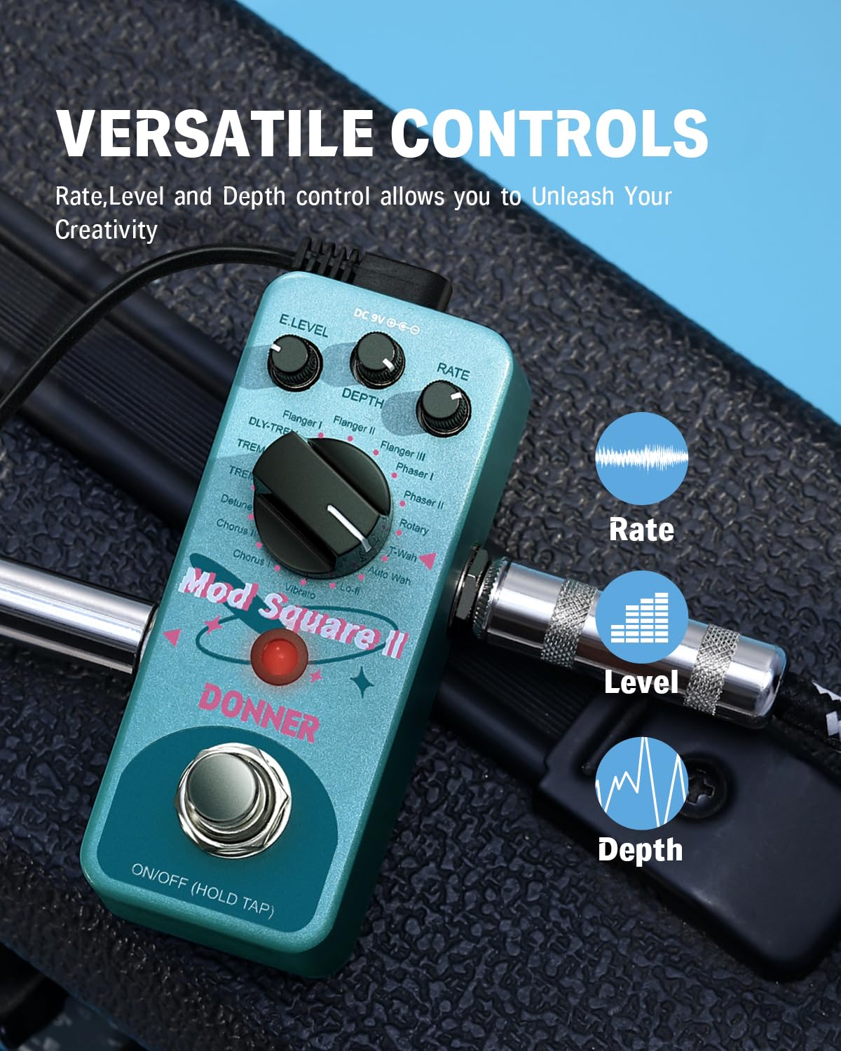 Donner Modulation Pedal - Mod Square Ⅱ for Electric Guitar Pedal Boards, 16 Effects Chorus Phaser Tremolo Flanger Rotary Vibrato Wah Lo-fi Detune 16 Modulation Modes, True Bypass