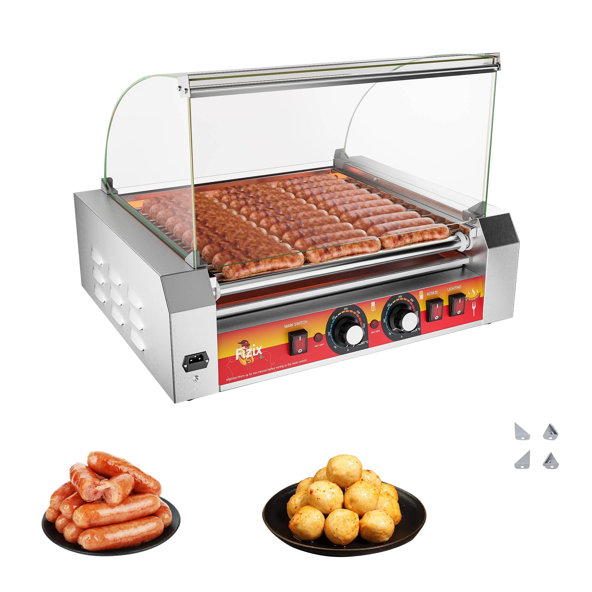 Photo 1 of 1670W Commercial Hot Dog Rollers,11 Rollers 30 Hotdog Roller Grill,Stainless Steel Hot Dog Machine with Dust Cover,Hot Dog Roller Machine with Dual Temp Control and Led Light (Red)