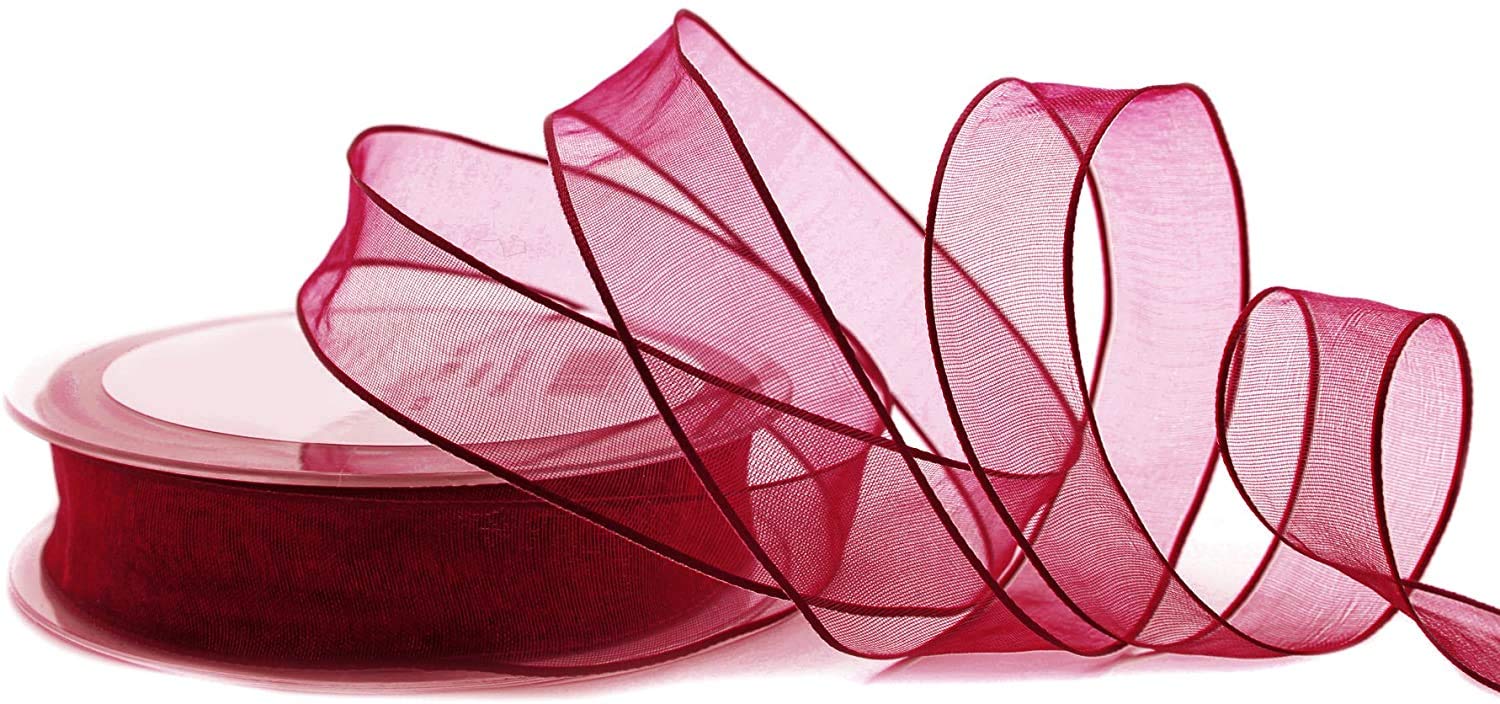 20 m x 25 mm Decorative Ribbon Chiffon Bordeaux Gift Ribbon Transparent Organza with Stable Edges Premium Quality Wedding Birthday Chiffon Ribbon Plain