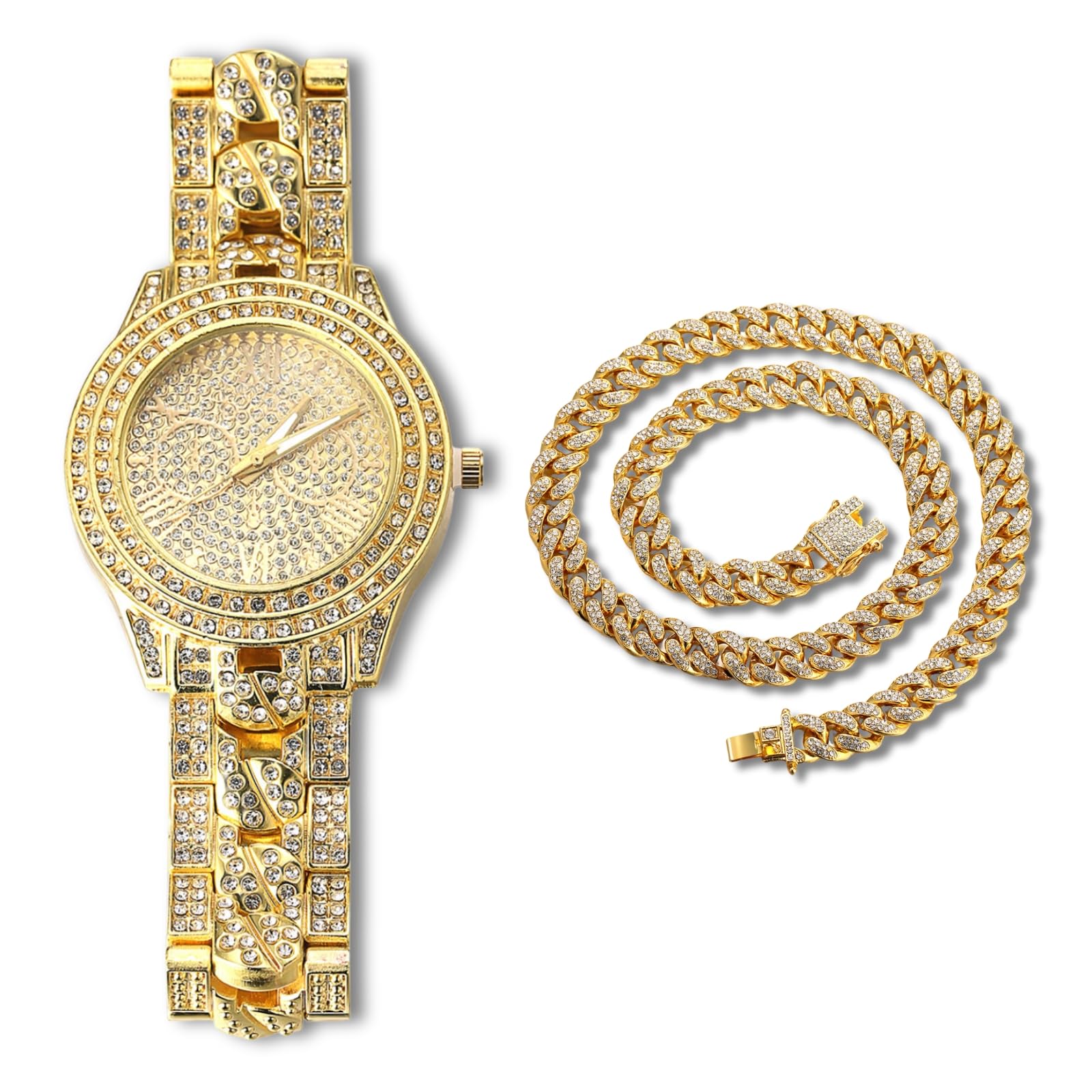 HALUKAKAH Diamond Gold Watch Iced Out,Men's 18k Real Gold Plated Cuban Chain Inserted Band Quartz Wristband 24cm,with Cuban Link Chain 45cm Necklace Set,Full Cz Diamonds,Free Giftbox