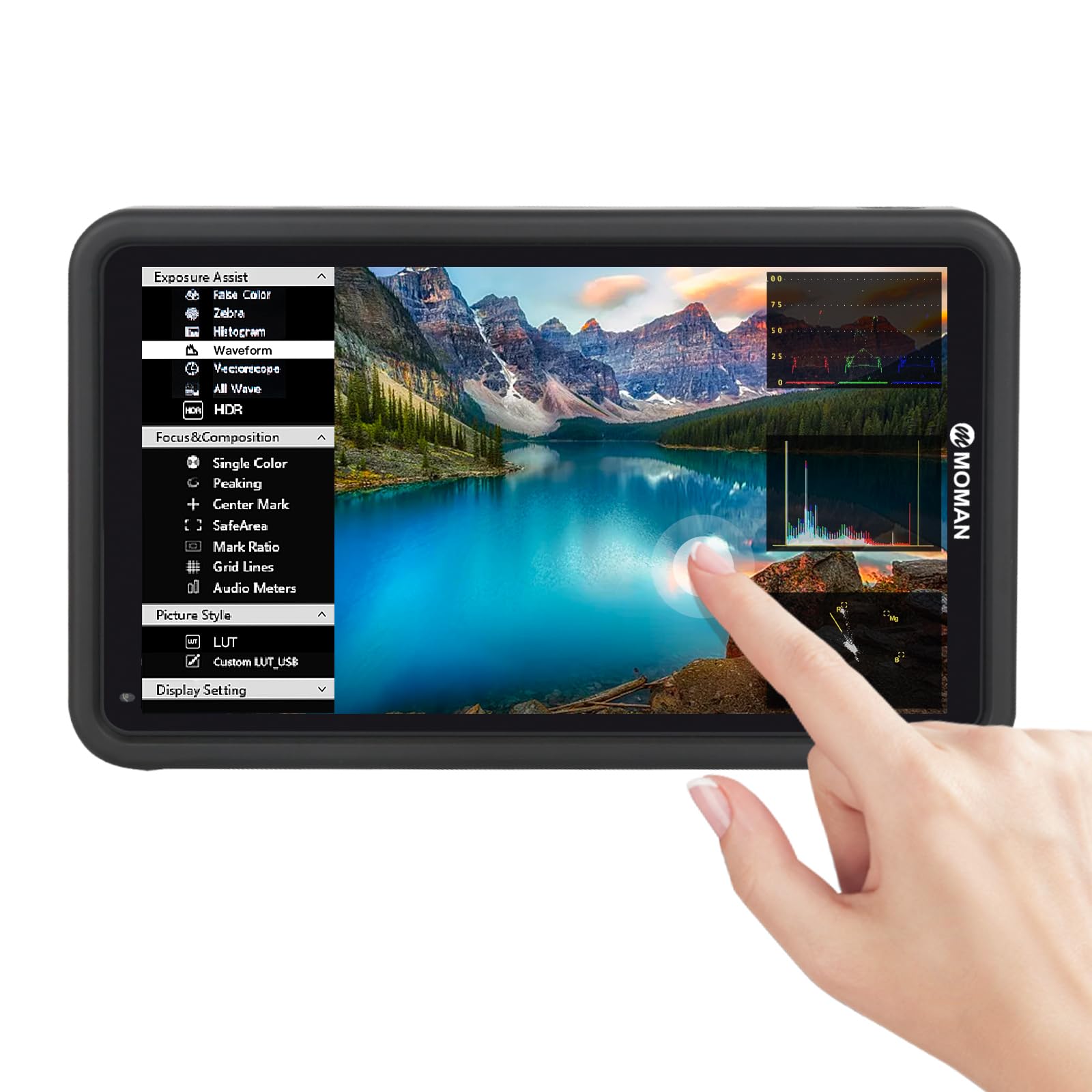 Moman Field Monitor, M5 Camera Monitor Touch Screen 5.5 Inch 1000Nits External Field Monitor Display Screen 1920 x 1080 Full HD with 3D-Luts v, 4K HDMI Input/Output for DSLR Camera Camcorder