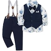 SOLOYEE Toddler Boy Suit 12M-7T Boys Wedding Formal Outfits 5 Piece Set | Toddler Suit for Boys Long Sleeves Shirt+Bowtie+Vest+Suspender Pants Toddler Dress Clothes Ring Boys Bearer Outfits