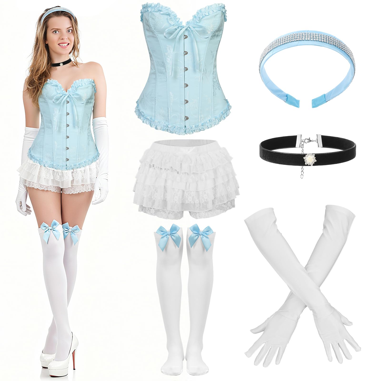 Photo 1 of (used)(unknown if complete) Foaincore 6 Pcs Blue Princess Costume Set for Women Corset Top Lace Pumpkin Pants Socks Headband Collar Gloves(L)