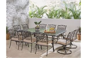 Hanover Traditions 11-Piece Outdoor Dining Set with 60" x 84" Cast-Top Aluminum Table, 6 Dining Chairs, and 4 Swivel Rockers with Thick Foam Cushions