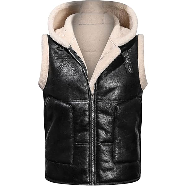 DGHM-JLMY Men's Shearling Sheepskin Thick Vest Sleeveless Hooded