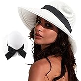 DRESHOW Sun Hats for Women Travel Fedora Foldable Beach Sun Hat Summer Wide Brim Straw Bucket Hat with Bowknot UPF 50+