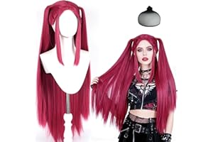 HETJIEBY Long Straight Hot Pink Cosplay Wig with 2 Ponytails - Synthetic Anime Red Wigs for Halloween, Carnival, Costume Parties, Women Adults