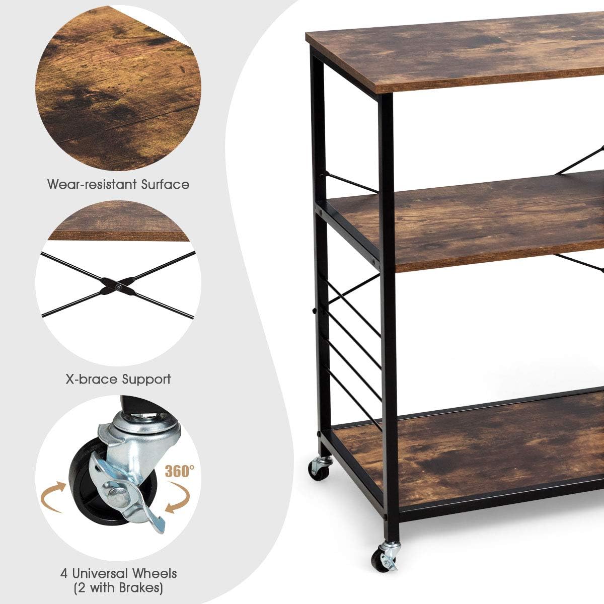 Giantex Industrial Kitchen Baker's Rack with Lockable Universal Wheel, Microwave Oven Stand, Metal Frame, Utility Storage Shelf, Basket and Hooks, Easy Assembly (Brown) - Standing Baker's Racks