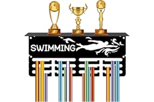 CREATCABIN Swimming Medal Holder Trophy Shelf Medal Hangers Display with Shelf Stand Small Sports 4 Rows Wall Mount Hold 70+ Medals for Men Swimmer Swim Competition Ribbon Medals Rack 11.4x5.1 Inch