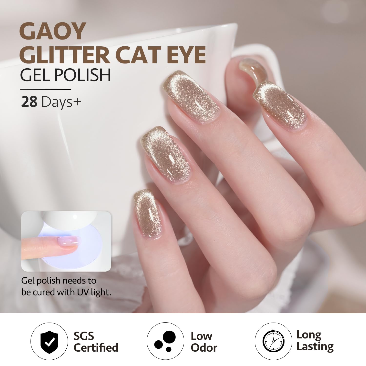 GAOY Champagne Glassy Cat Eye Gel Nail Polish, 16ml Glitter Holographic Nail Polish with Magnet, Reflective Translucent UV Gel, 2157 Fall Elegance - Image 4