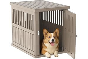 DRATO Dog House Resin Dog Crate Furniture Weatherproof Functional End Table for Indoor Living Spaces & Outdoor Patios(Light Brown, Medium Size(29.65 * 21.34 * 25.28))