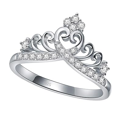 Princess Queen Crown Rings for Women Girl Eternity Heart-Shaped Promise Ring Zircon Jewelry Size 4 - 12.5