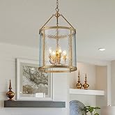 Lingkai Modern Brass Chandelier, 4-Light Water Ripple Glass Light Fixture, Lantern Farmhouse Chandeliers for Dining Room, Liv