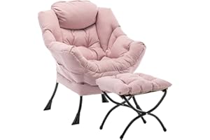 SESHINELL Lazy Chair with Ottoman, Modern Accent Chair Contemporary Lounge Leisure Sofa Chair with Armrests, Reading Chair and Folding Footstool Set for Living Room, Bedroom, Office, Pink