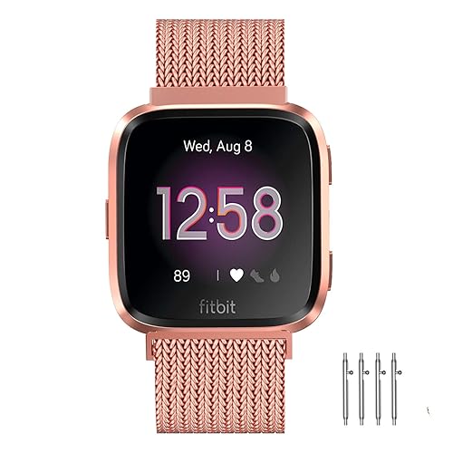 Meikeio Bands Compatible with Fitbit Versa 2/1/Lite, Stainless Steel Metal  Mesh Band, Wristbands Replacement Strap Sport Loop(RoseGold,L) in Oman