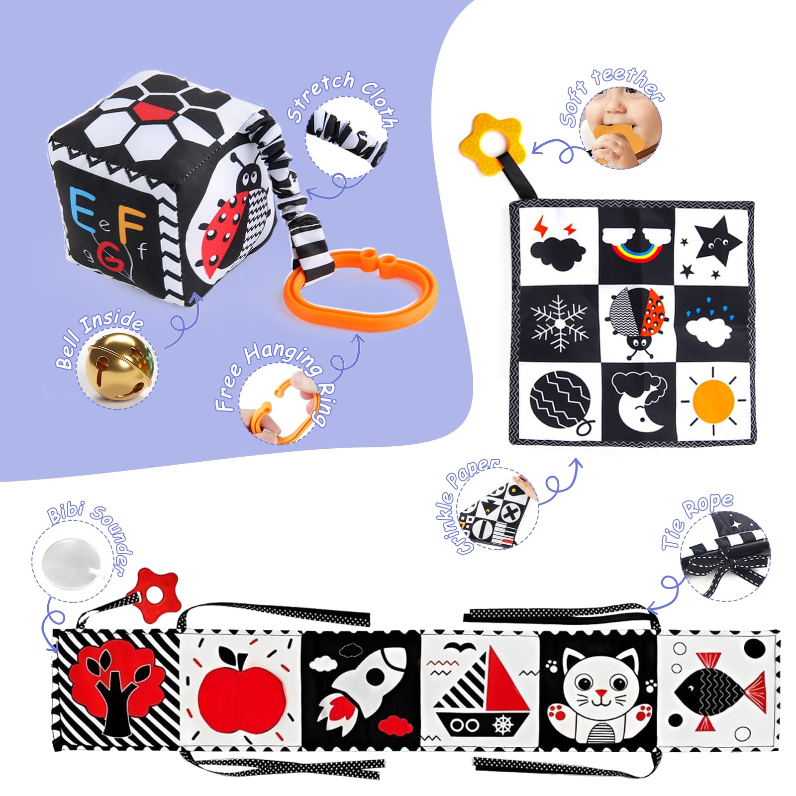 Black and White Sensory Toys for Babies, Montessori High Contrast Newborn Toys for 0-6-12M Baby Brain Development Early Learning Newborn Brain Development Toddlers Kids Gifts