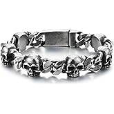 COOLSTEELANDBEYOND Men’s Oxidized Black Steel Skull Chain Bracelet with Curb Chain, Gothic Biker Wristband, Rock Punk